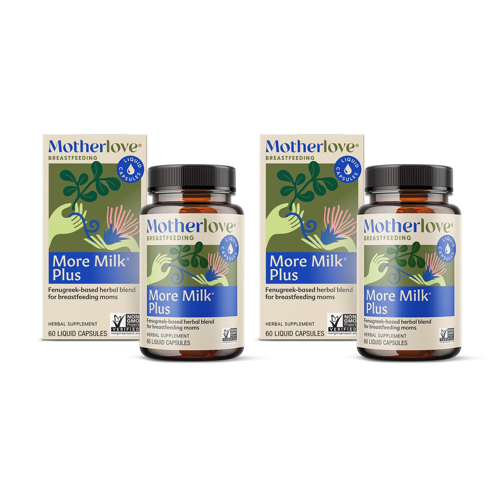 Motherlove More Milk Plus bottle front shows a convenient lactation supplement for busy moms, supporting milk supply.