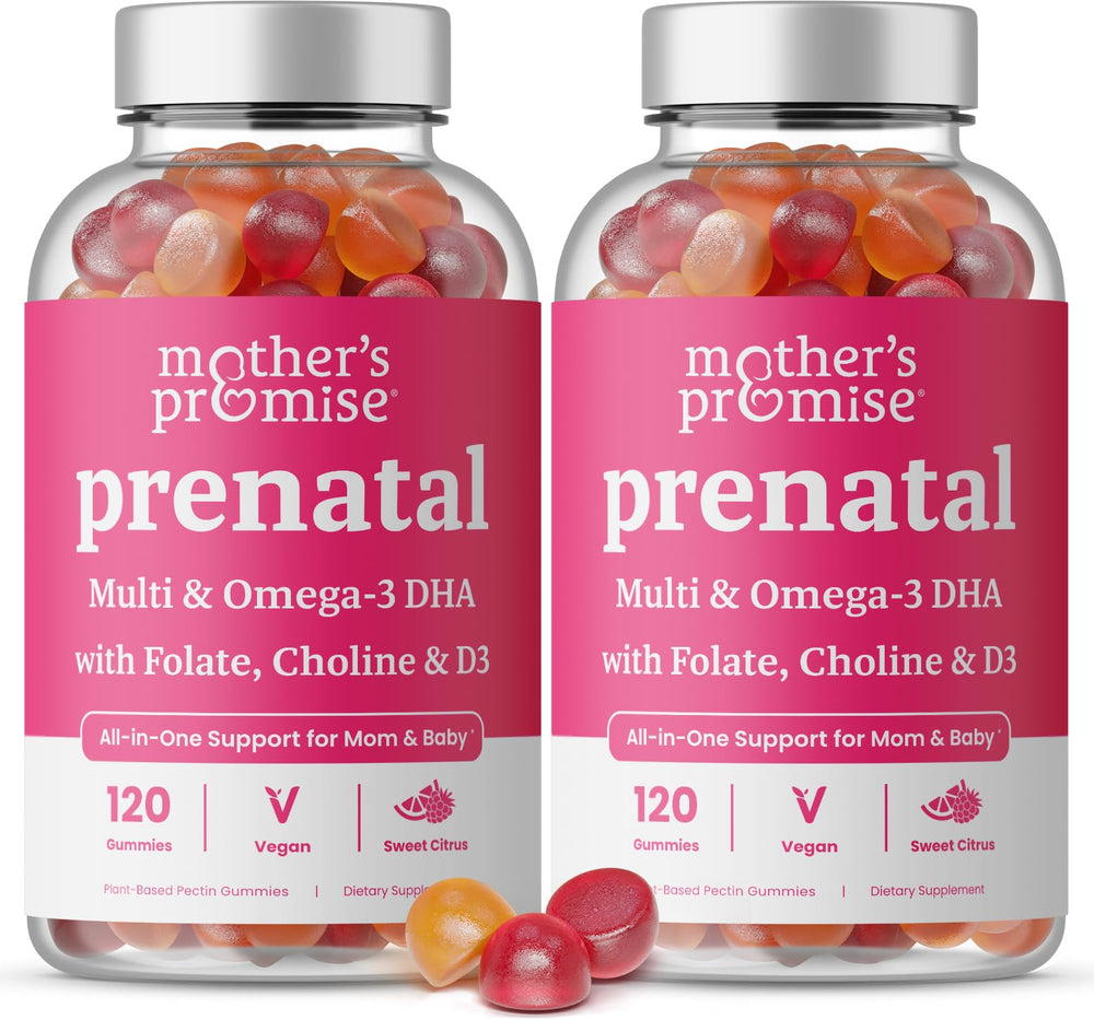 Mother's Promise prenatal DHA gummies bottle pour for convenient daily nutrition.