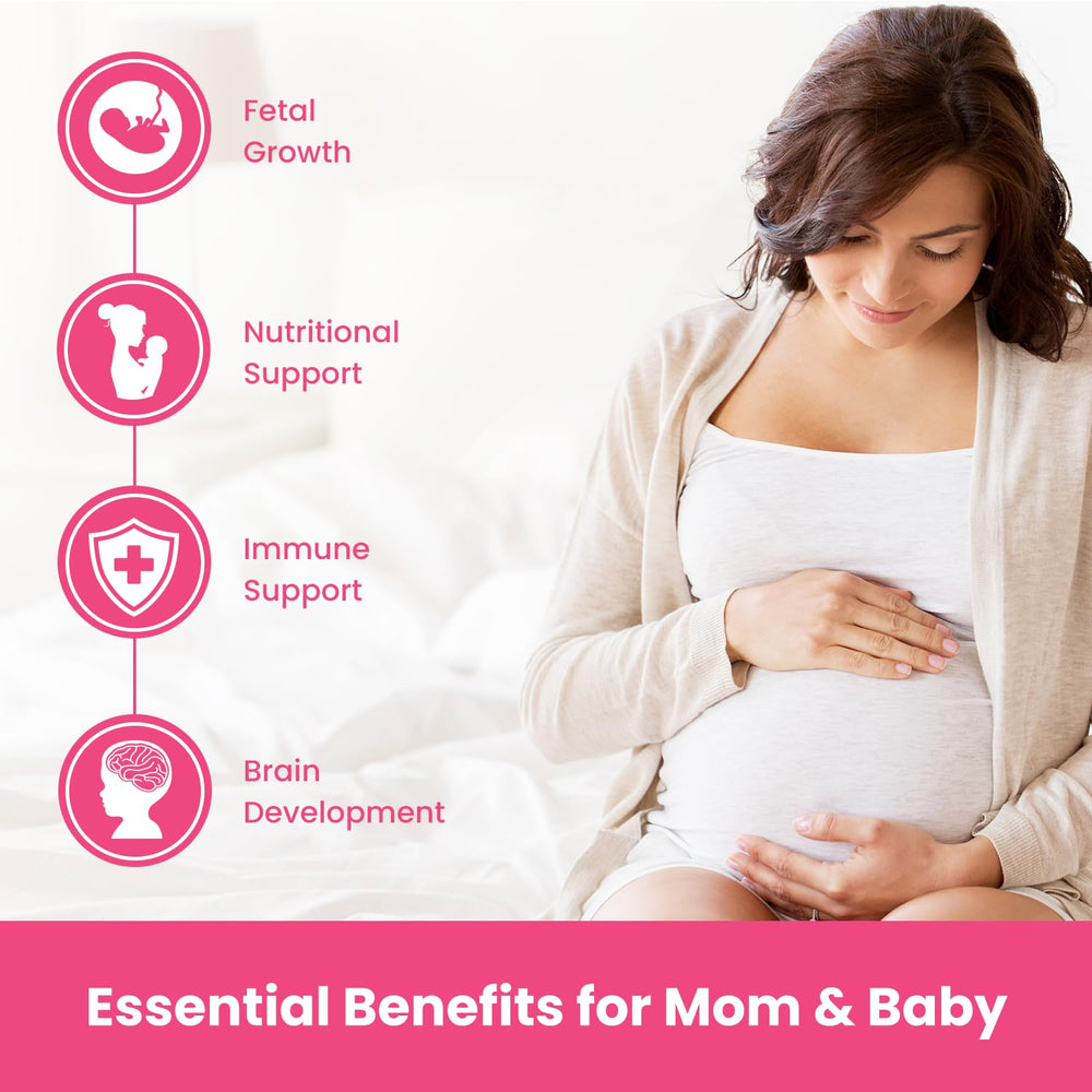 Mother's Promise prenatal gummies closeup showing vegan DHA and gentle citrus flavor.