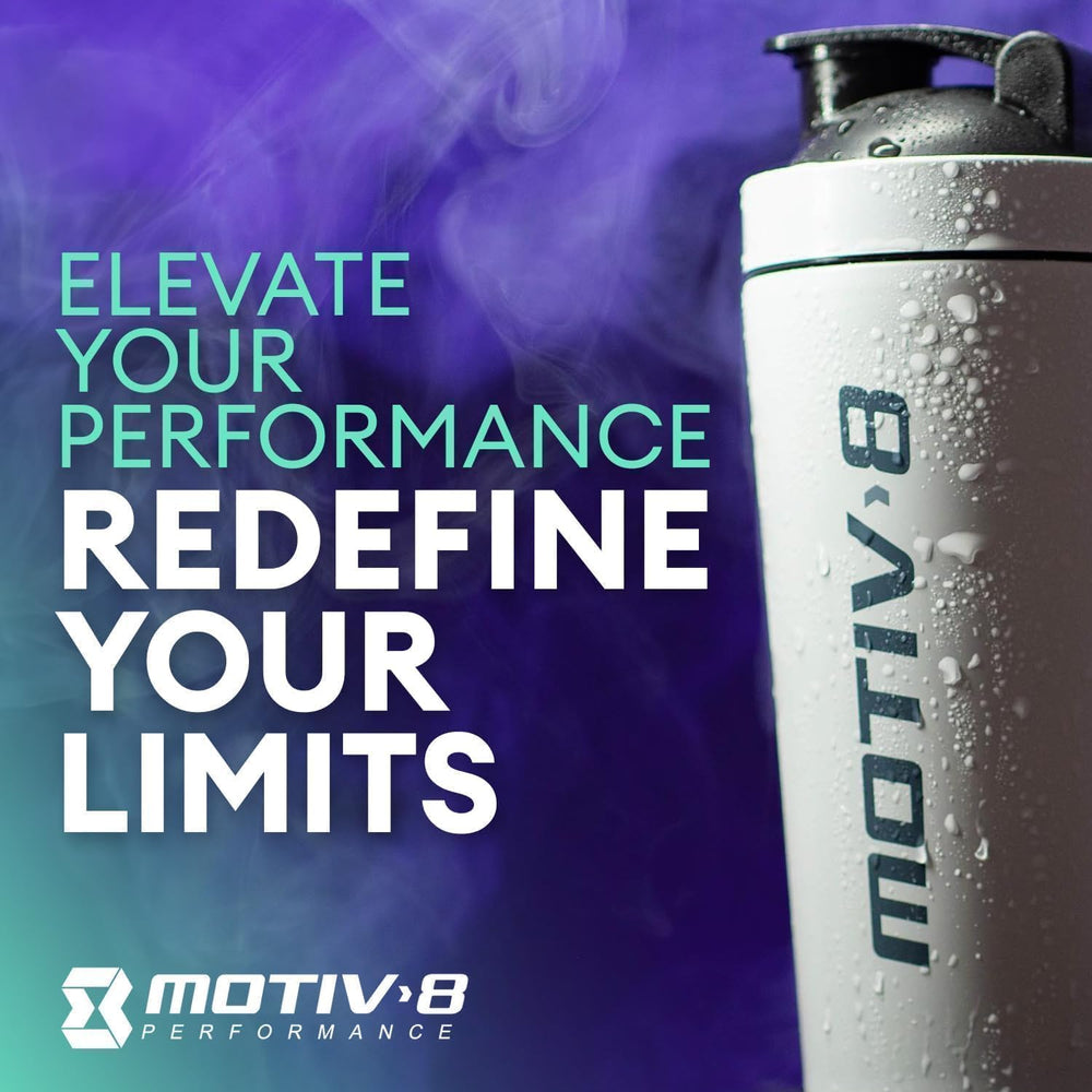 Modern Motiv-8 bottle label design signaling performance and focus.