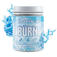 Motiv-8 pre-workout icy blue razz tub front boosts clean energy.