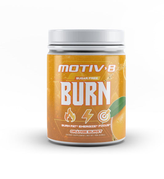 Motiv-8 Pre-Workout Orange Burst tub offers a sugar-free energy boost for workouts.