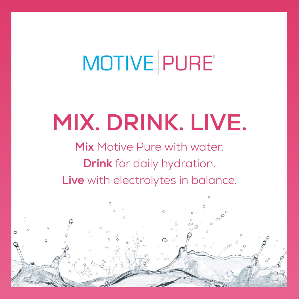 Close-up of MOTIVE PURE electrolyte hydration berry concentrate ready to mix