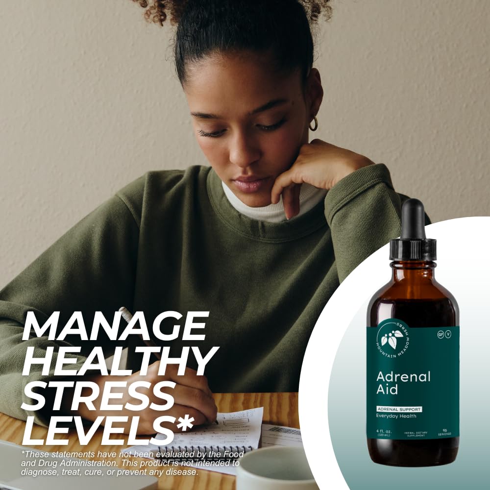 Mountain Meadow Adrenal Aid with ashwagandha root in focus for natural wellness.