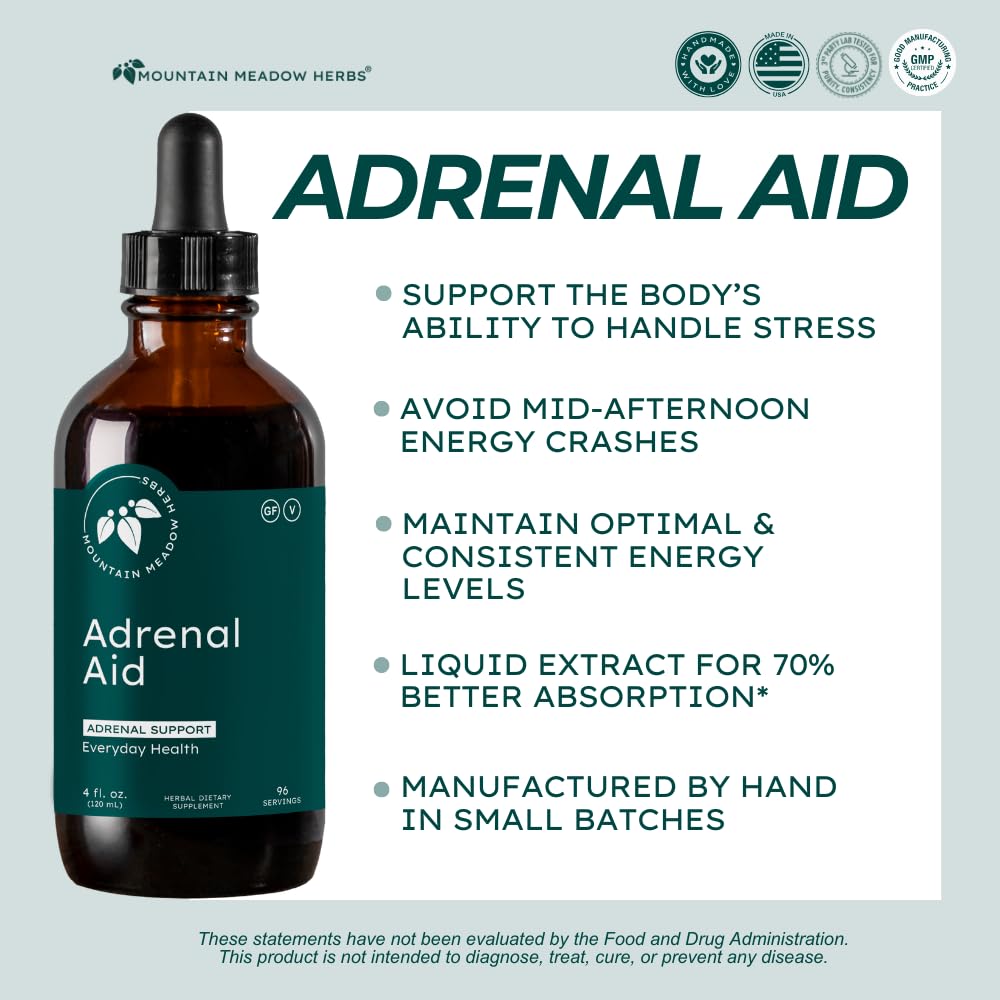 Close-up of Mountain Meadow Adrenal Aid label showing herbal blend information.