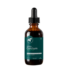Mountain Meadow Herbs Herbal Calcium bottle and pour demonstrates convenient liquid calcium for daily bone support.