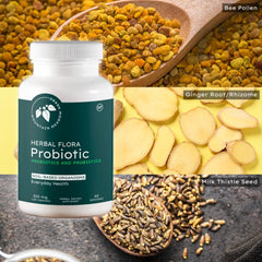 Mountain Meadow Herbs Herbal Flora Probiotics and Prebiotics label emphasizes soil-based organisms.