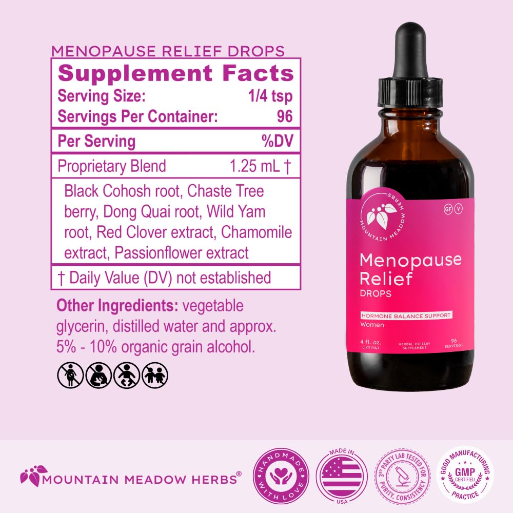 Mountain Meadow Herbs Menopause Relief Drops liquid close-up shows clear formula.