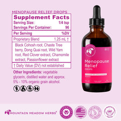 Mountain Meadow Herbs Menopause Relief Drops liquid close-up shows clear formula.