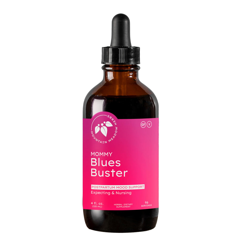 Mountain Meadow Herbs Mommy Blues Buster bottle pours for natural mood support.