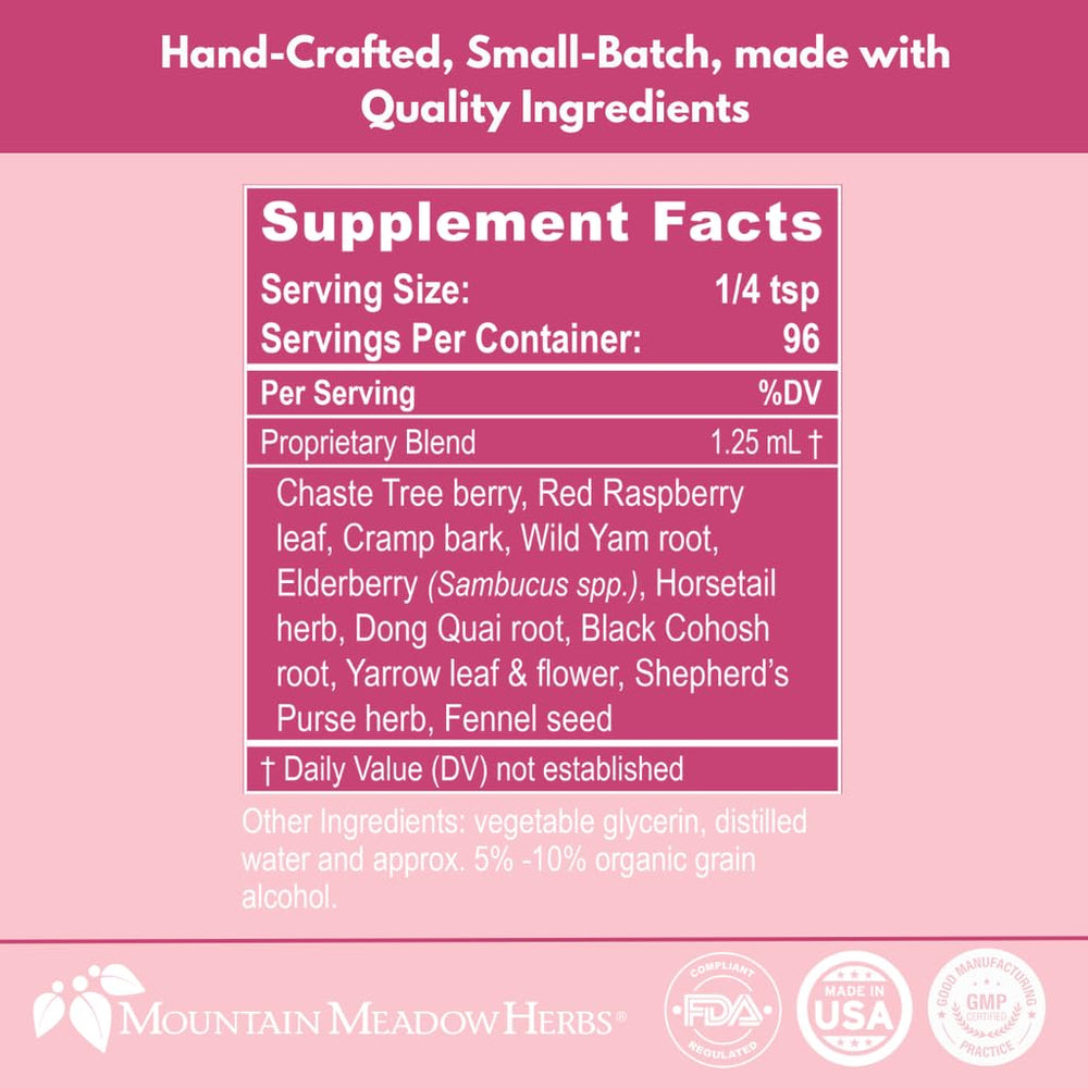 Mountain Meadow Herbs PMS Relief packaging emphasizes GMP quality and clean labeling.