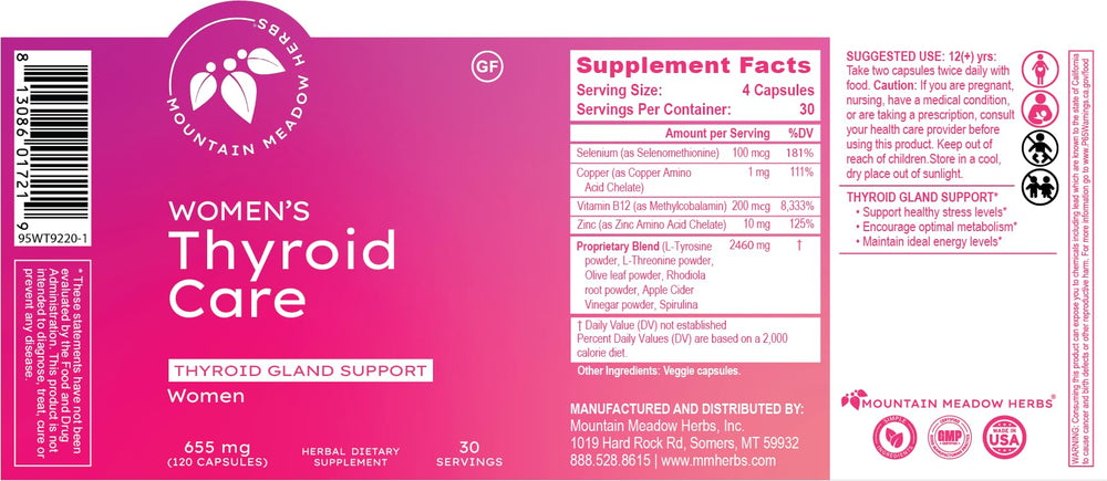 Mountain Meadow Herbs Women's Thyroid Care capsules closeup highlighting herbal blend for daily wellness