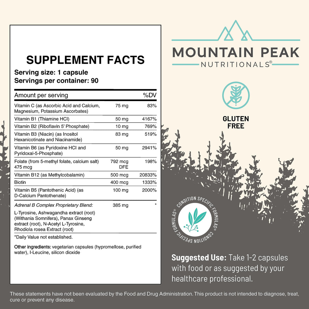 Mountain Peak Adrenal B Complex ingredients panel featuring Ashwagandha and B vitamins