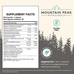 Mountain Peak Adrenal B Complex ingredients panel featuring Ashwagandha and B vitamins