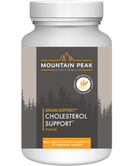 Mountain Peak Nutritionals cholesterol support bottle front, plant-based formula may support healthy lipid levels.