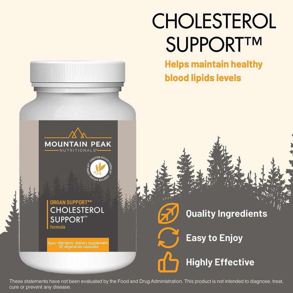 Mountain Peak Nutritionals cholesterol support label closeup showing artichoke and botanicals that may aid heart health.