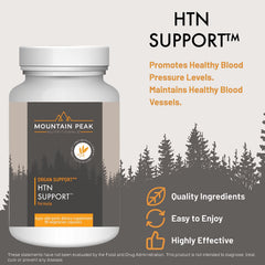 Mountain Peak HTN capsules close-up for convenient daily heart support.