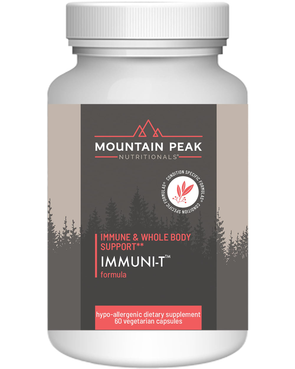 Mountain Peak Immuni-T bottle front shows 60 veggie capsules for daily immune support