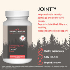Mountain Peak Joint Formula capsules close-up highlighting glucosamine and boswellia for mobility.