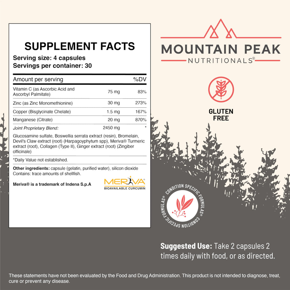 Mountain Peak Joint Formula label front shows turmeric and vitamin C benefits.