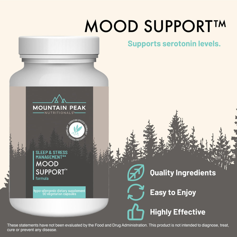 Mountain Peak Mood Support capsules close-up highlights vegan capsules and clean formulation.