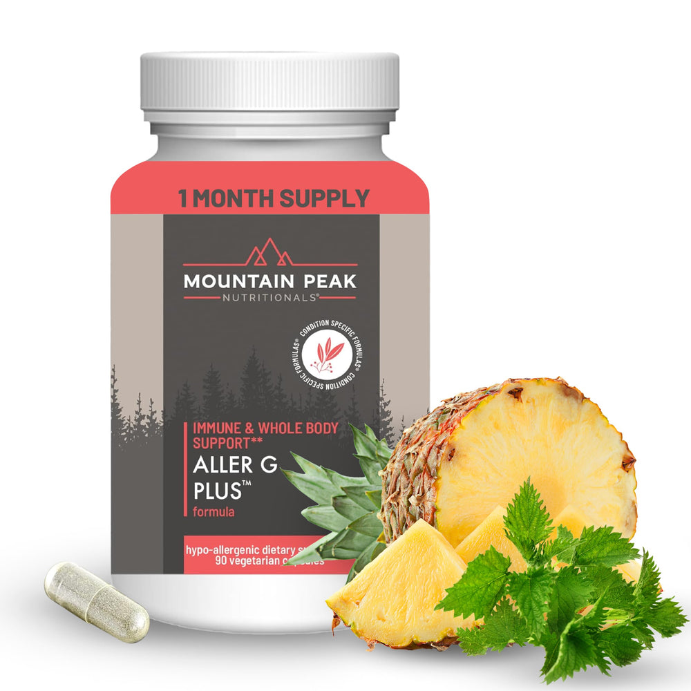 Mountain Peak Nutritionals Aller G Plus bottle for seasonal immune support and respiratory wellness.