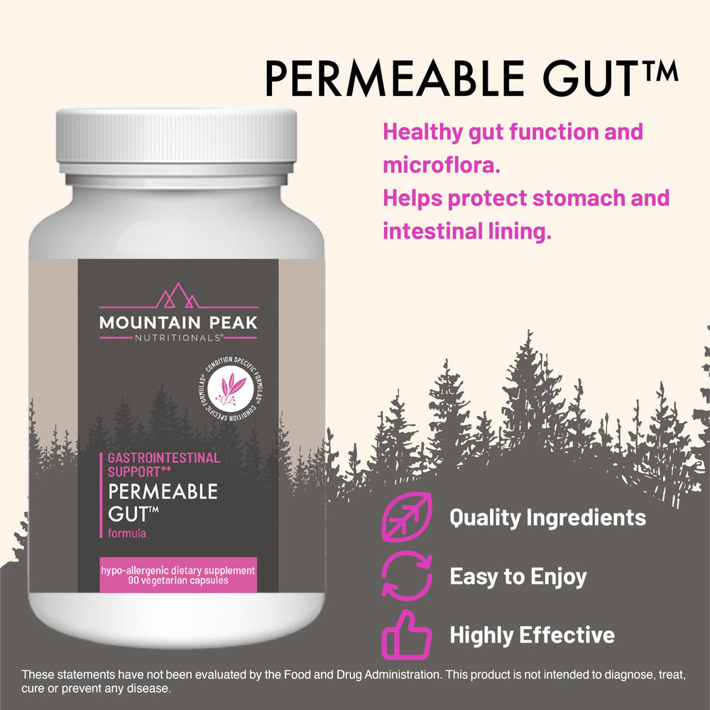 Mountain Peak Permeable Gut ingredients box showing Glutamine, Okra, Licorice