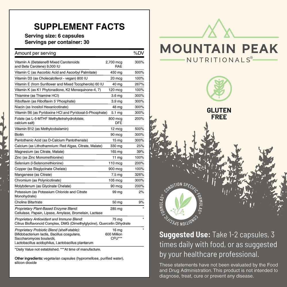 Label close-up of Mountain Peak Nutritionals Ultra High Multivitamin showing ingredients