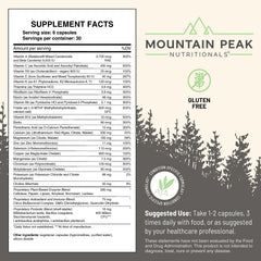 Label close-up of Mountain Peak Nutritionals Ultra High Multivitamin showing ingredients