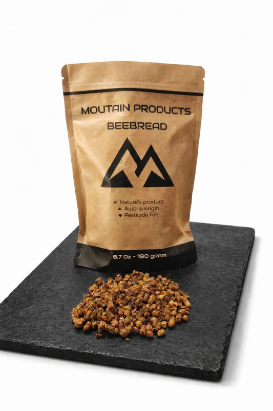 Mountain products BeeBread jar close-up showing natural fermentation and rich flavor.