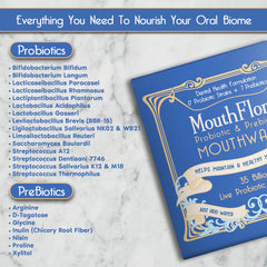 MouthFlora prebiotic mouthwash bottle highlighting nourishing bacteria.