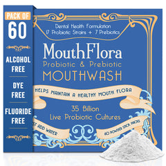 MouthFlora probiotic mouthwash bottle showing balanced oral microbiome support.