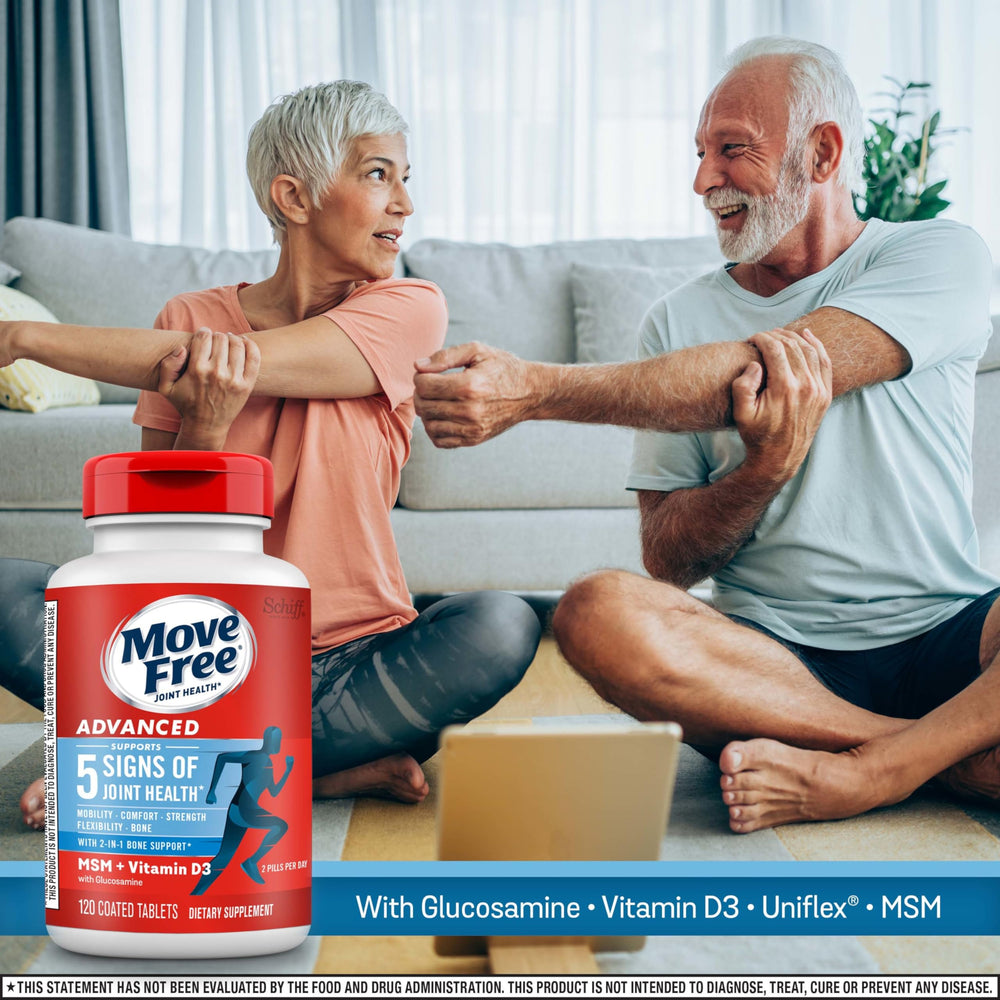 Move Free Advanced glucosamine tablet close-up highlighting joint comfort potential.