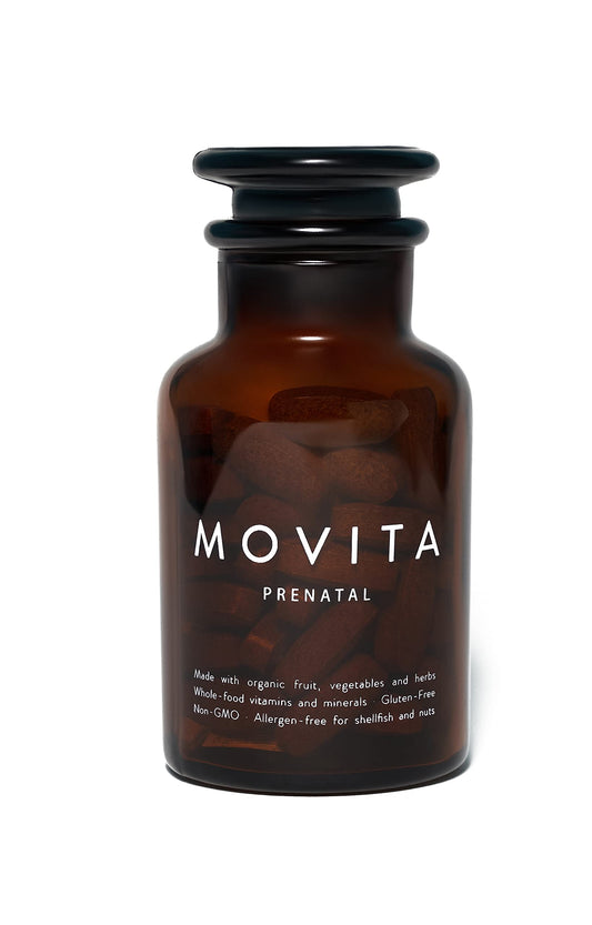 Movita Prenatal Multivitamin glass bottle supports daily prenatal routine.