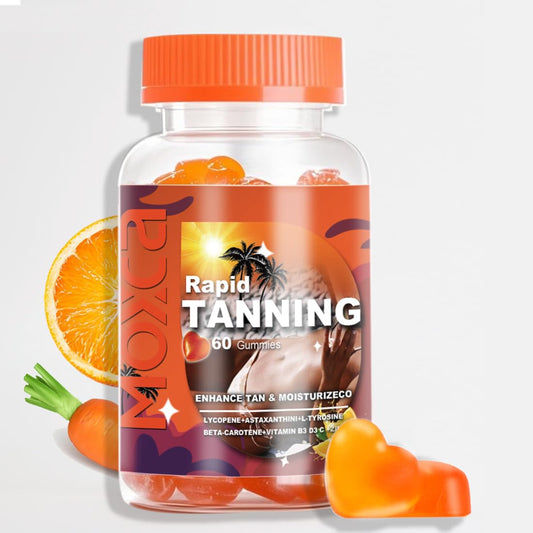 Moxca Vegan Beauty Gummies bottle front shows hydration-friendly, skin-nourishing formula.