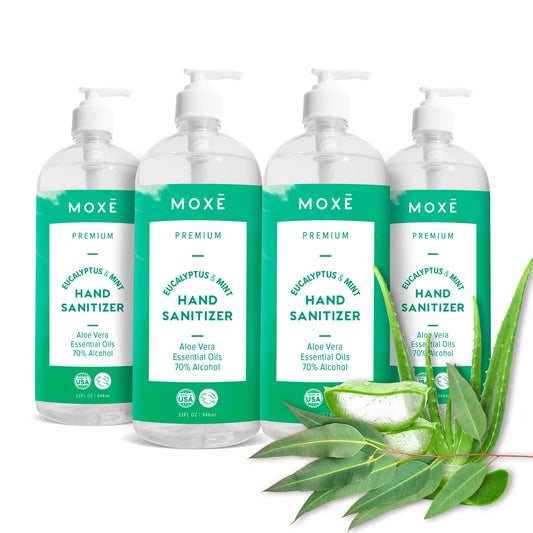 MOXE Premium Eucalyptus & Mint hand sanitizer four 32 oz bottles for on-the-go hygiene.