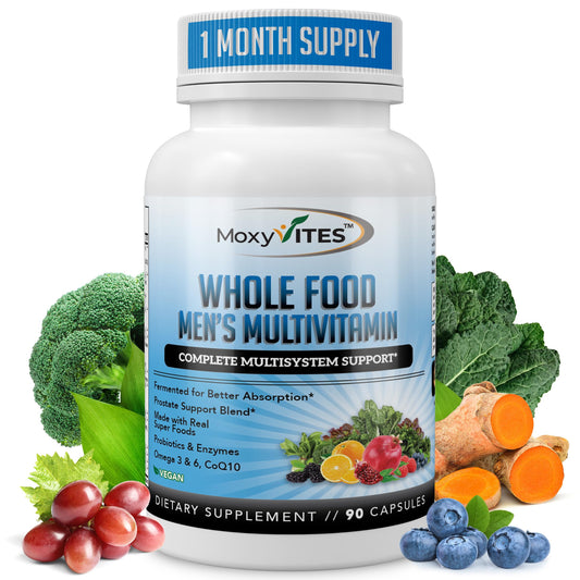 MoxyVites methylated men's multivitamin bottle showing complete daily support for men's health.