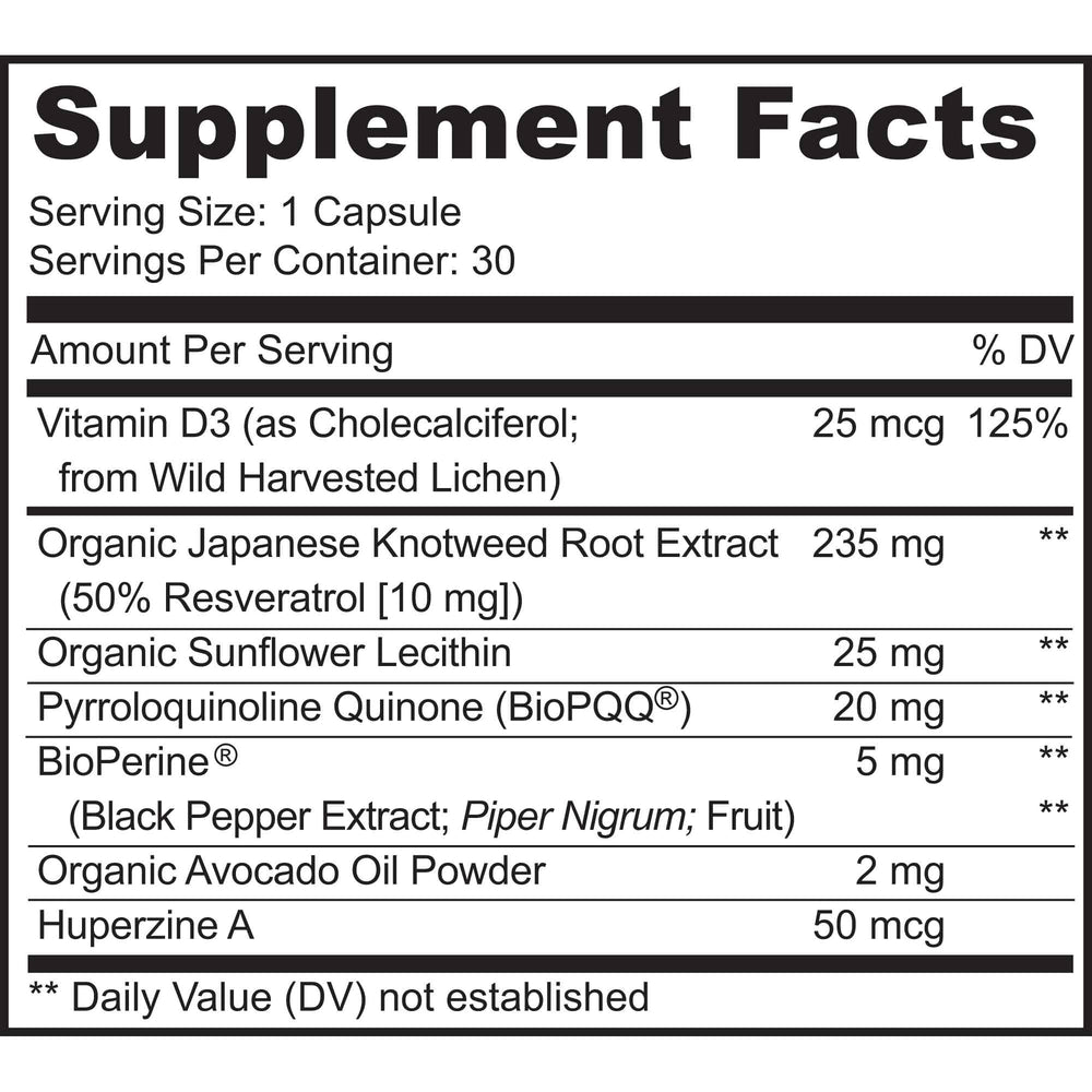 MoxyVites MITORESTORE capsules on bottle side showing vegan, non-GMO ingredients