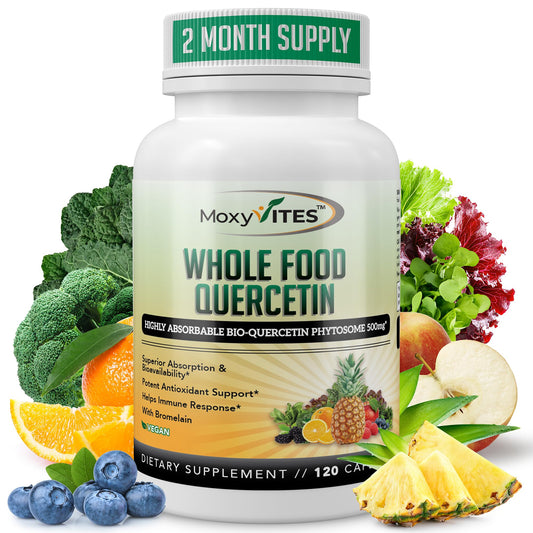 MoxyVites Quercetin with Bromelain bottle front showing 120 capsules for daily immune support.