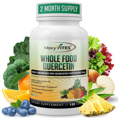 MoxyVites Quercetin with Bromelain bottle front showing 120 capsules for daily immune support.