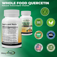 Ingredient panel of MoxyVites Quercetin with Bromelain emphasizing bioactive phytosome complex.