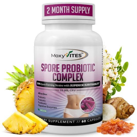 MoxyVites Spore Probiotic bottle front promotes daily digestive balance.