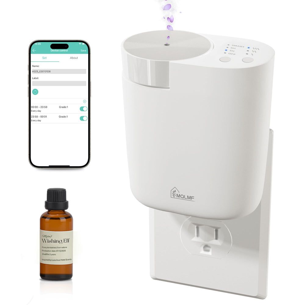 MQLMF plug-in diffuser shows anti-tilt flush wall mount for secure placement.