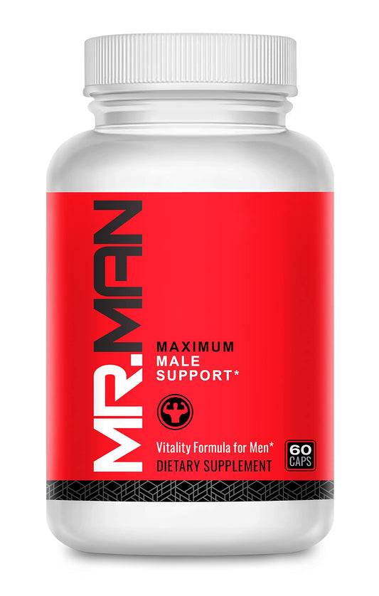 Mr. Man Support bottle front, showcasing male fertility supplement for reproductive health support