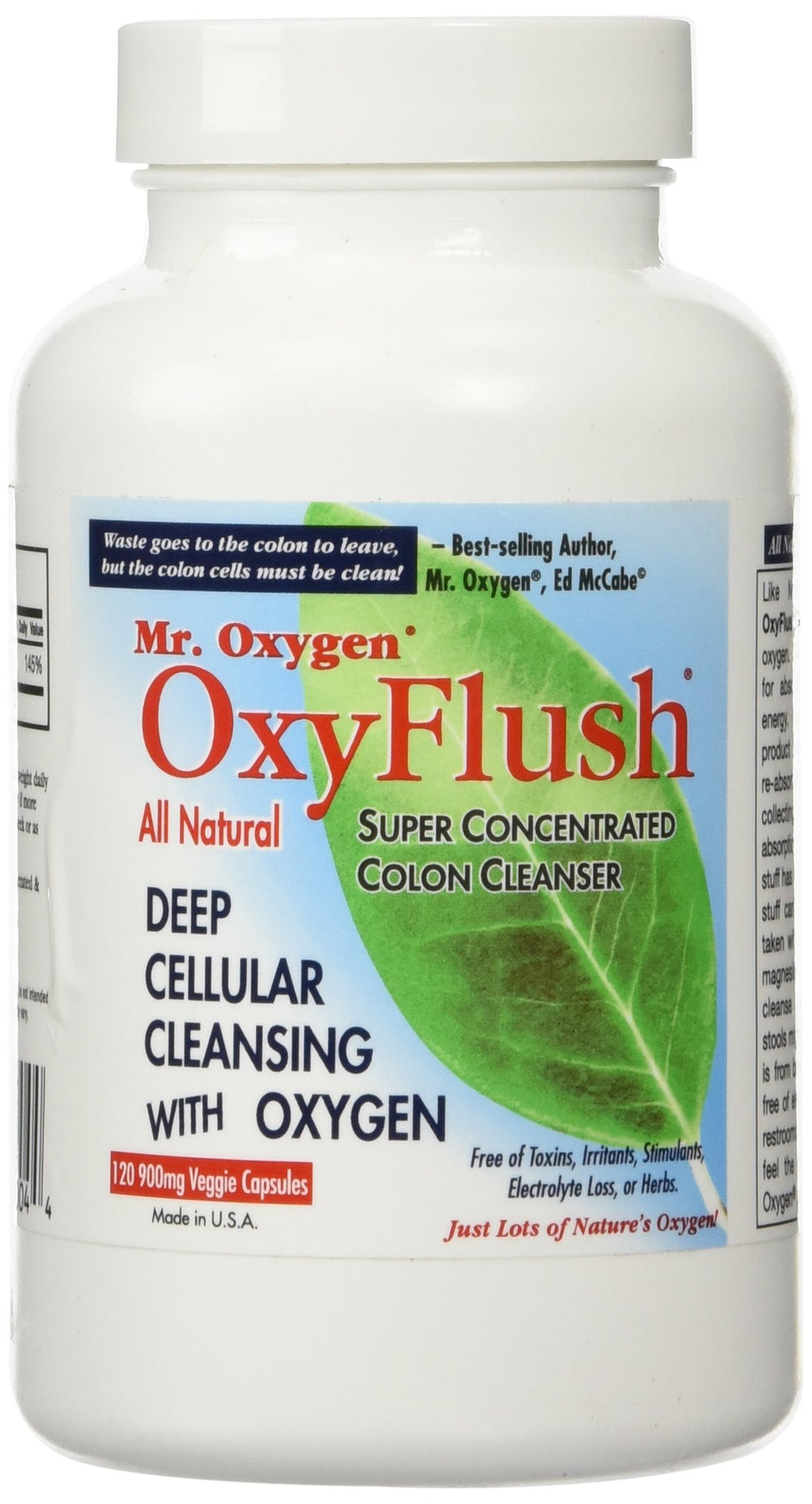 Mr. Oxygen OxyFlush bottle with capsules for cleansing support.
