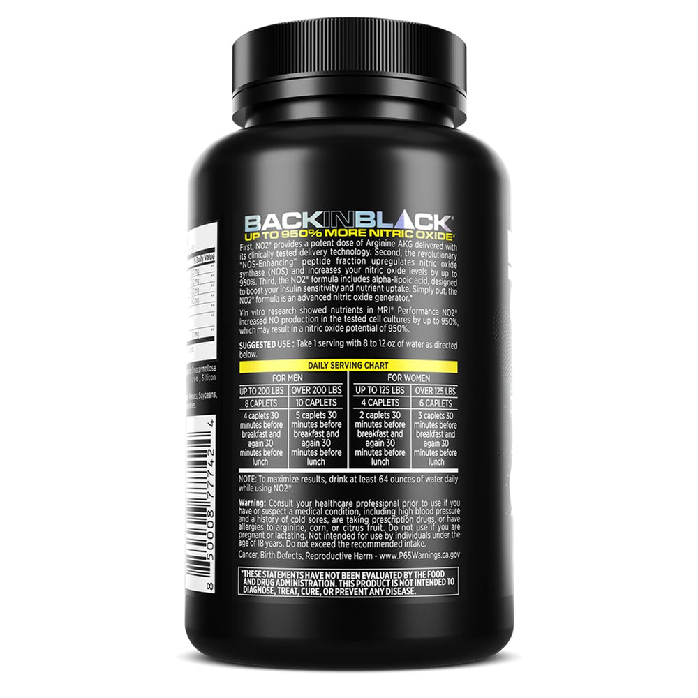 MRI Performance NO2 ingredients infographic highlighting L-Arginine and AAKG.