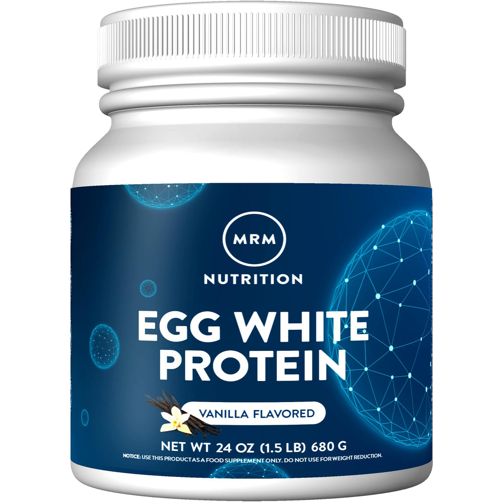 MRM Egg White Protein Vanilla Powder on a kitchen counter, clean protein source.