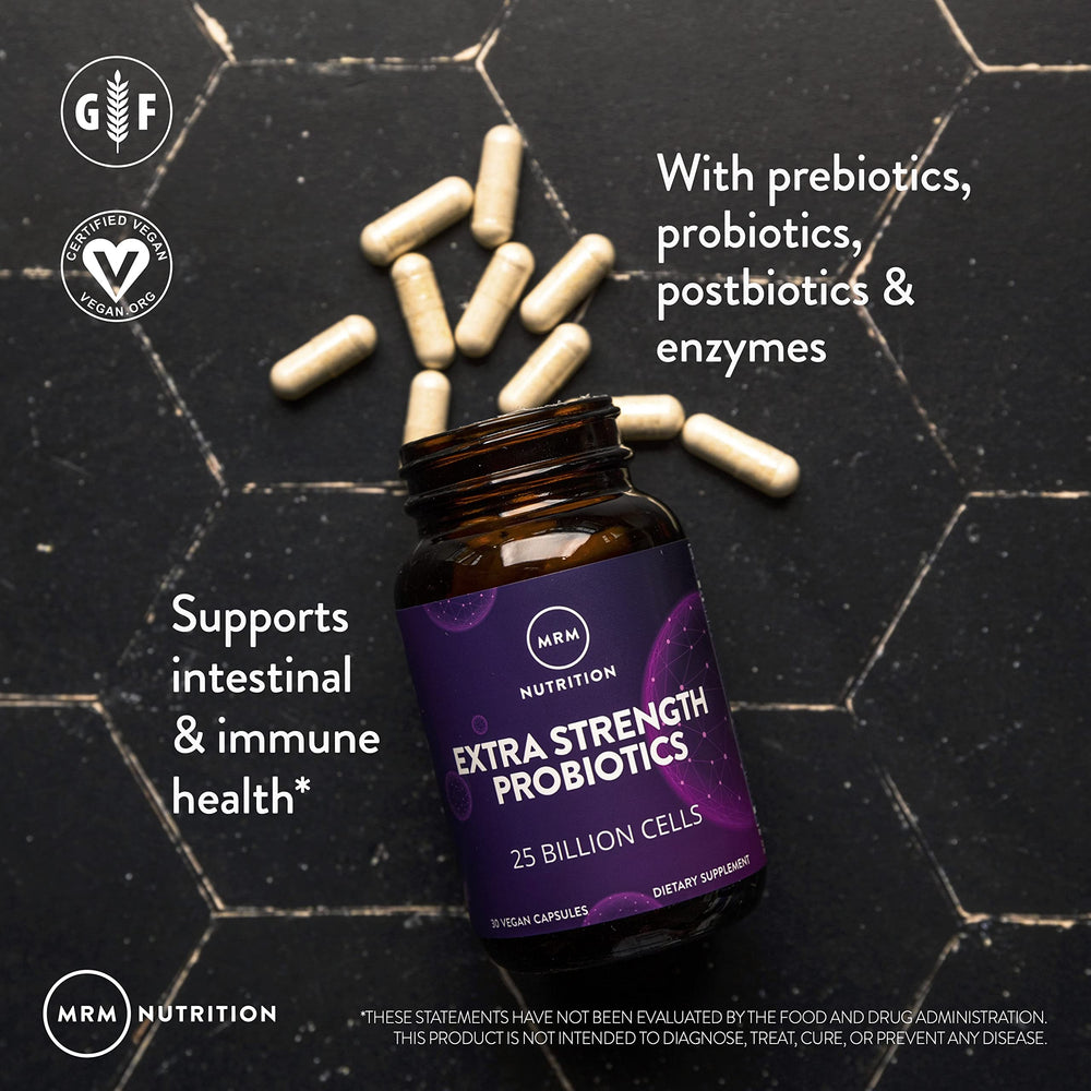 MRM Probiotics bottle closeup highlighting 16 strains and 25B cells