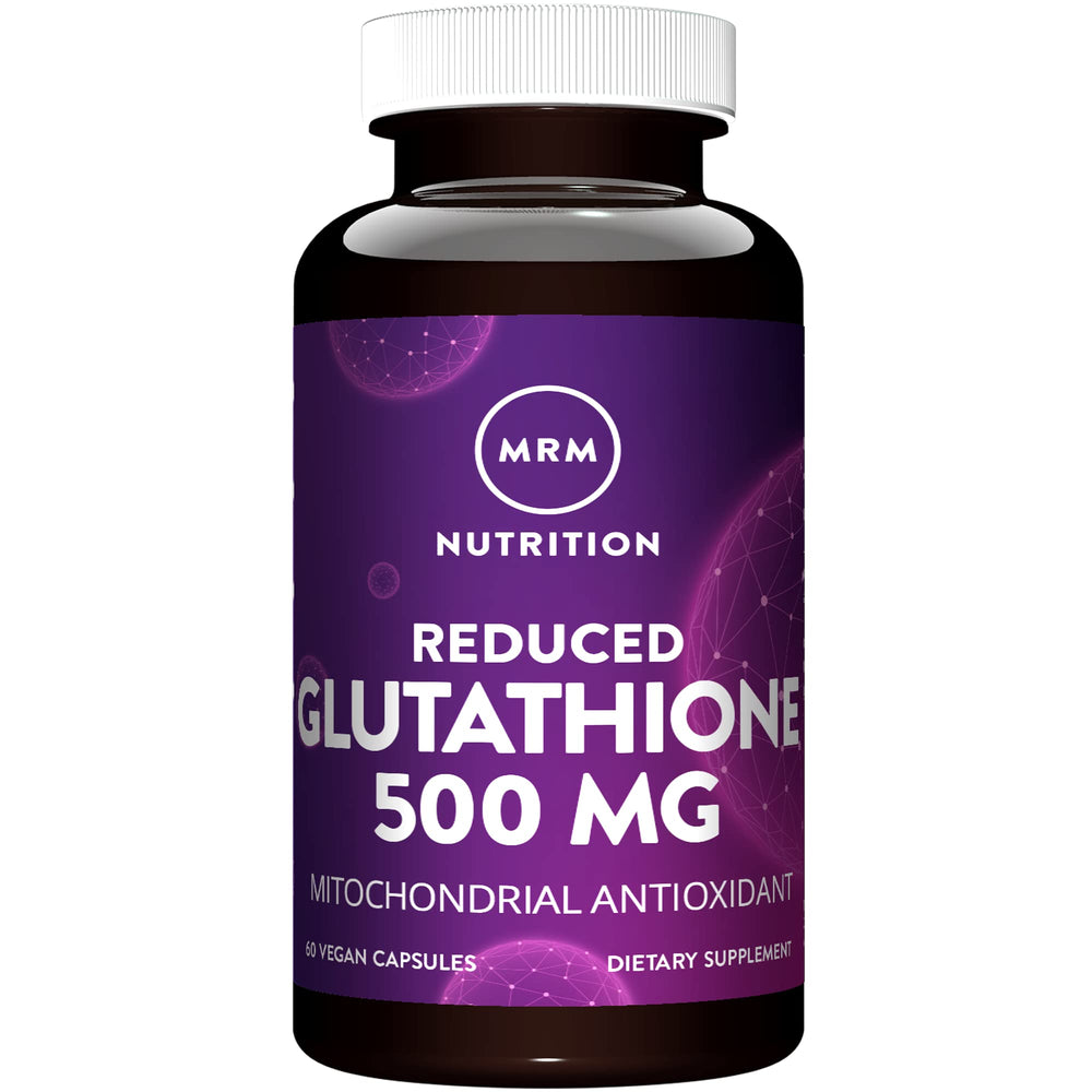 MRM Reduced Glutathione 500mg bottle label highlighting vegan formula and stability.