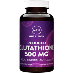 MRM Reduced Glutathione 500mg bottle label highlighting vegan formula and stability.